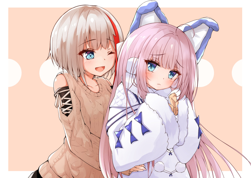 2girls :d absurdres admiral_graf_spee_(azur_lane) admiral_graf_spee_(daily_peaceful_life)_(azur_lane) ahoge animal_ears azur_lane bangs blue_eyes blush cat_ears coat commentary_request fake_animal_ears fur-trimmed_coat fur-trimmed_sleeves fur_trim grey_hair highres hug hug_from_behind long_hair multicolored_hair multiple_girls one_eye_closed open_mouth overcoat pom_pom_(clothes) purple_hair ryou_(ryo_217cafe) short_hair sidelocks sleeves_past_fingers sleeves_past_wrists smile streaked_hair tashkent_(azur_lane) very_long_sleeves white_coat