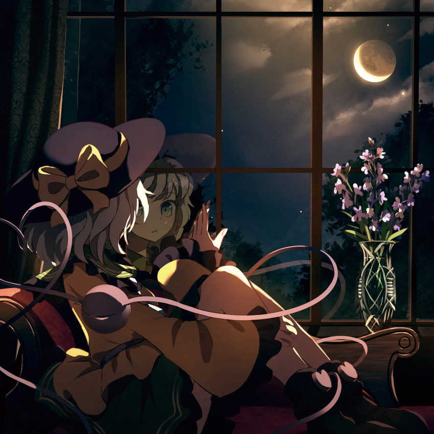 1girl black_footwear black_headwear bow clouds commentary_request crescent_moon curtains dise flower frilled_sleeves frills from_side full_body green_eyes green_skirt hand_up hat hat_bow heart heart_of_string highres indoors knees_up komeiji_koishi long_sleeves moon night reflection shirt short_hair sitting skirt solo star_(sky) third_eye touhou tree vase window yellow_bow yellow_shirt