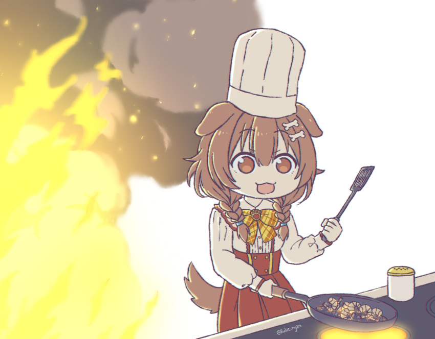 1girl bone_hair_ornament brown_eyes brown_hair chef_hat commentary cooking dog_girl eyebrows_visible_through_hair fire food frying_pan hat hololive inugami_korone kukie-nyan long_sleeves low_twin_braids solo spatula stove toque_blanche virtual_youtuber