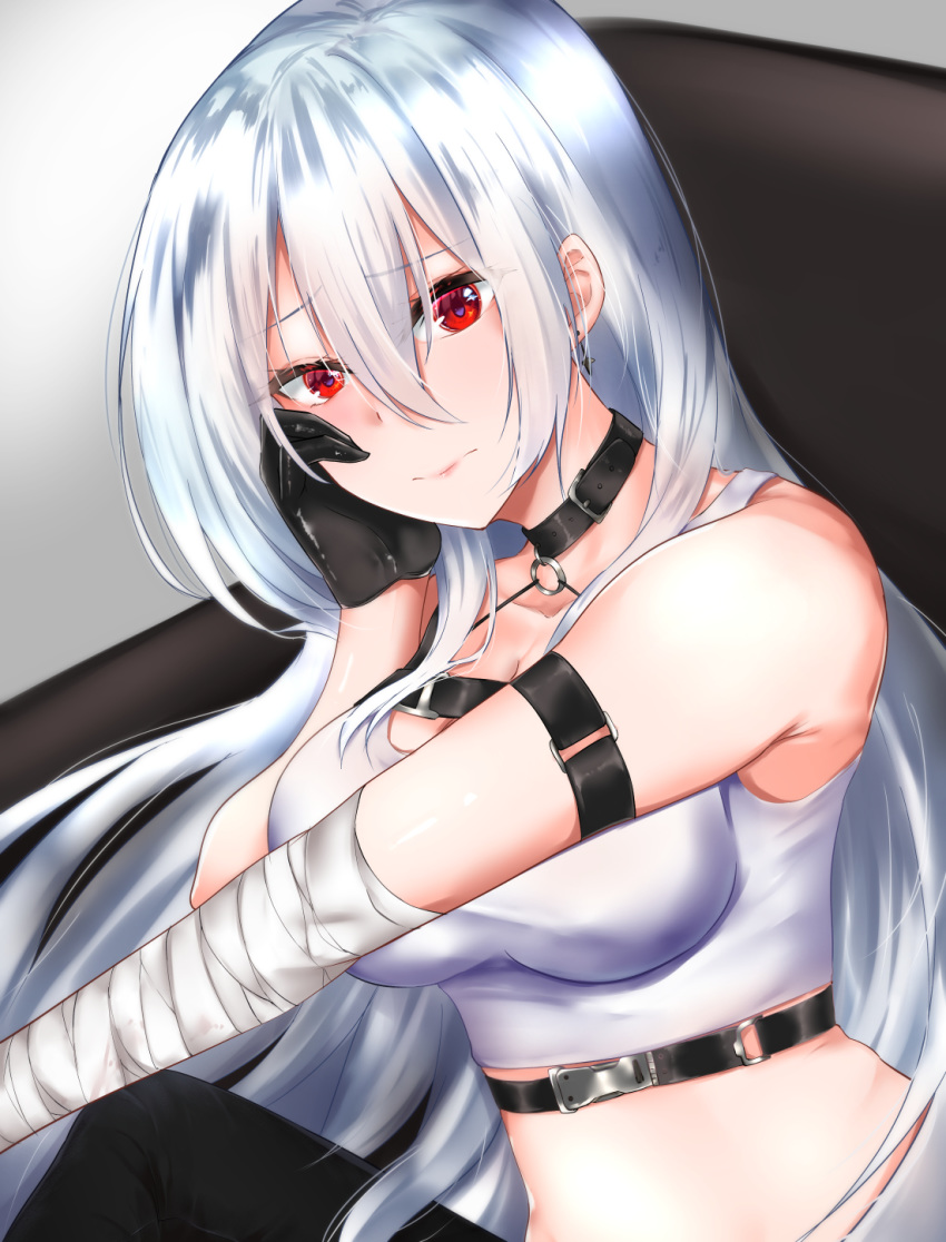 1girl azur_lane bandages black_gloves breasts choker earrings gloves graphite_(medium) hand_on_head highres jewelry kuzya long_hair looking_at_viewer mechanical_pencil medium_breasts pencil red_eyes shirt silver_hair simple_background solo sovetskaya_rossiya_(azur_lane) sovetskaya_rossiya_(the_lackadaisical_lookout)_(azur_lane) traditional_media white_shirt