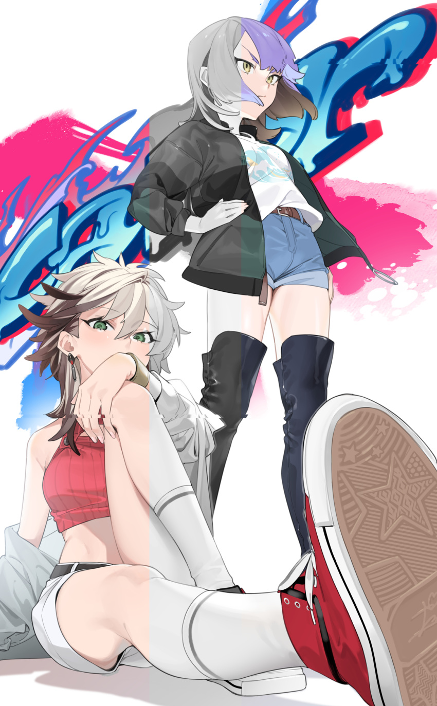2girls absurdres bad_id bad_pixiv_id belt black_belt black_footwear black_jacket blue_shorts bob_cut boots brown_belt brown_hair closed_mouth clothes_writing copyright_request covered_mouth crop_top fingernails foreshortening glitch green_eyes grey_jacket hand_on_own_knee hands_on_hips high-waist_shorts highres jacket limited_palette looking_at_viewer medium_hair multicolored_hair multiple_girls off-shoulder_jacket ohisashiburi open_clothes open_jacket perspective purple_hair red_footwear shirt shoes short_shorts shorts sitting sneakers socks standing thigh-highs thigh_boots white_hair white_legwear white_shirt white_shorts yellow_eyes