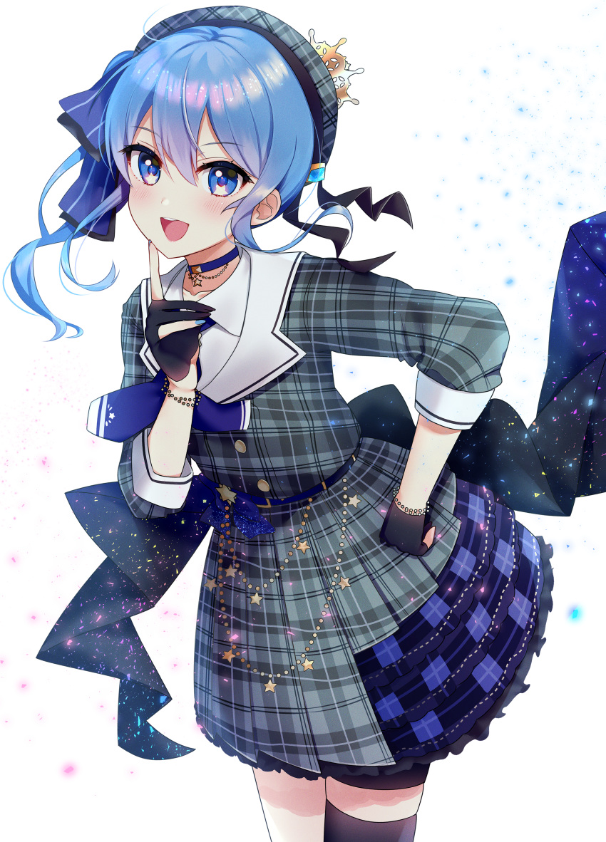 1girl :d absurdres bangs beret black_gloves black_legwear blue_bow blue_choker blue_eyes blue_hair blue_nails blue_neckwear blush bow choker collarbone collared_shirt commentary_request eyebrows_visible_through_hair gloves grey_headwear grey_jacket grey_skirt hair_between_eyes hair_bow hand_on_hip hand_up hat highres hololive hoshimachi_suisei huge_filesize index_finger_raised jacket long_hair nail_polish neginoki open_mouth partly_fingerless_gloves plaid plaid_hat plaid_jacket plaid_skirt pleated_skirt round_teeth shirt side_ponytail single_thighhigh skirt smile solo star star_in_eye striped striped_bow suisei_channel symbol_in_eye teeth thigh-highs upper_teeth virtual_youtuber white_shirt