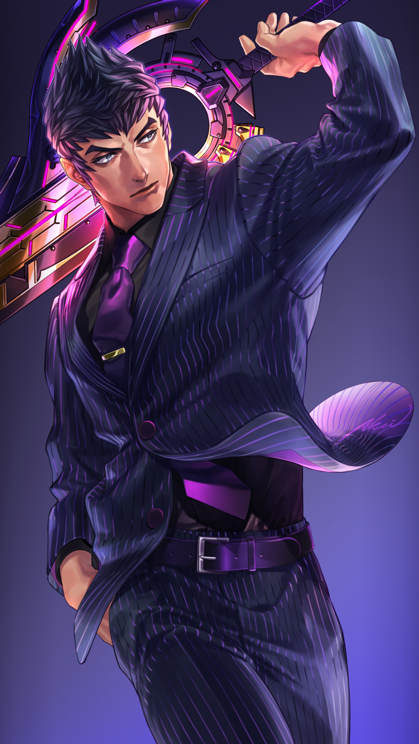 1boy alternate_costume belt black_hair business_suit contemporary formal hand_in_pocket highres holding holding_sword holding_weapon iroha_(akei0710) male_focus metsu_(xenoblade) monado necktie pinstripe_suit purple_neckwear solo striped suit sword weapon xenoblade_(series) xenoblade_2