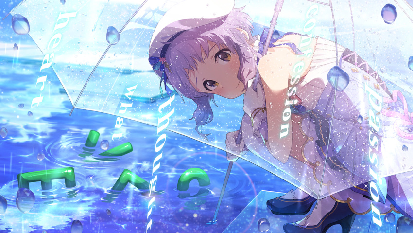 blush brown_eyes dress idolmaster_cinderella_girls_starlight_stage makabe_mizuki purple_hair short_hair smile water