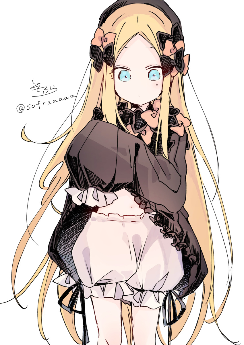 1girl abigail_williams_(fate/grand_order) absurdres bangs black_bow black_dress black_headwear blonde_hair bloomers blue_eyes blush bow bug butterfly closed_mouth dress dress_lift fate/grand_order fate_(series) forehead hair_bow hat highres insect lifted_by_self long_hair long_sleeves looking_at_viewer orange_bow parted_bangs signature simple_background sleeves_past_fingers sleeves_past_wrists sofra solo twitter_username underwear very_long_hair white_background white_bloomers