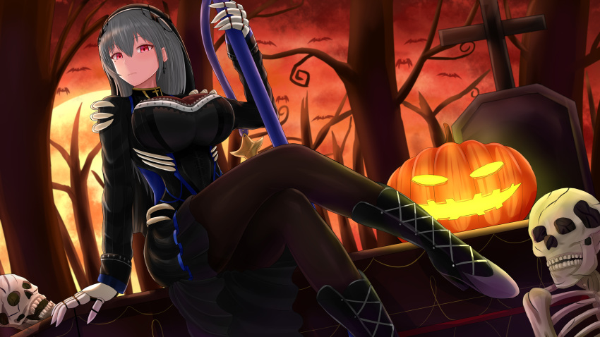 1girl archstreal azur_lane black_corset black_footwear boots breasts corset cross cross_necklace earrings gloves grey_hair hairband halloween halloween_costume highres jewelry large_breasts long_hair looking_at_viewer mole mole_under_eye necklace red_eyes saint-louis_(azur_lane) simple_background sitting sitting_on_object solo_focus tagme white_gloves