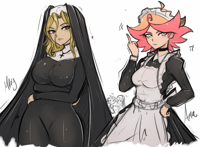 2girls alternate_costume amanda_o'neill apron black_dress blonde_hair breasts brown_eyes choker cross crossover crucifix dimaria_yesta dress enmaided fairy_tail frilled_apron frills green_eyes habit hair_between_eyes highres large_breasts little_witch_academia maid maid_apron maid_dress maid_headdress middle_finger multicolored_hair multiple_girls nun omiza_somi orange_hair simple_background two-tone_hair waist_apron white_apron white_background