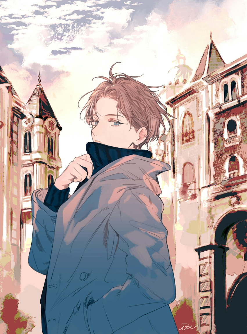 1boy black_sweater blue_eyes blue_jacket brown_hair building hand_in_pocket highres jacket male_focus nnmy_itp0 original sweater turtleneck