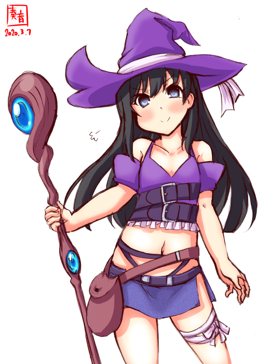 1girl artist_logo asagao_(flower_knight_girl) asagao_(flower_knight_girl)_(cosplay) asashio_(kantai_collection) bangs bare_shoulders black_hair blue_eyes collarbone commentary_request cosplay cowboy_shot dated flower_knight_girl hat highres holding holding_staff kanon_(kurogane_knights) kantai_collection long_hair microskirt navel purple_headwear simple_background skirt smile solo staff white_background witch_hat