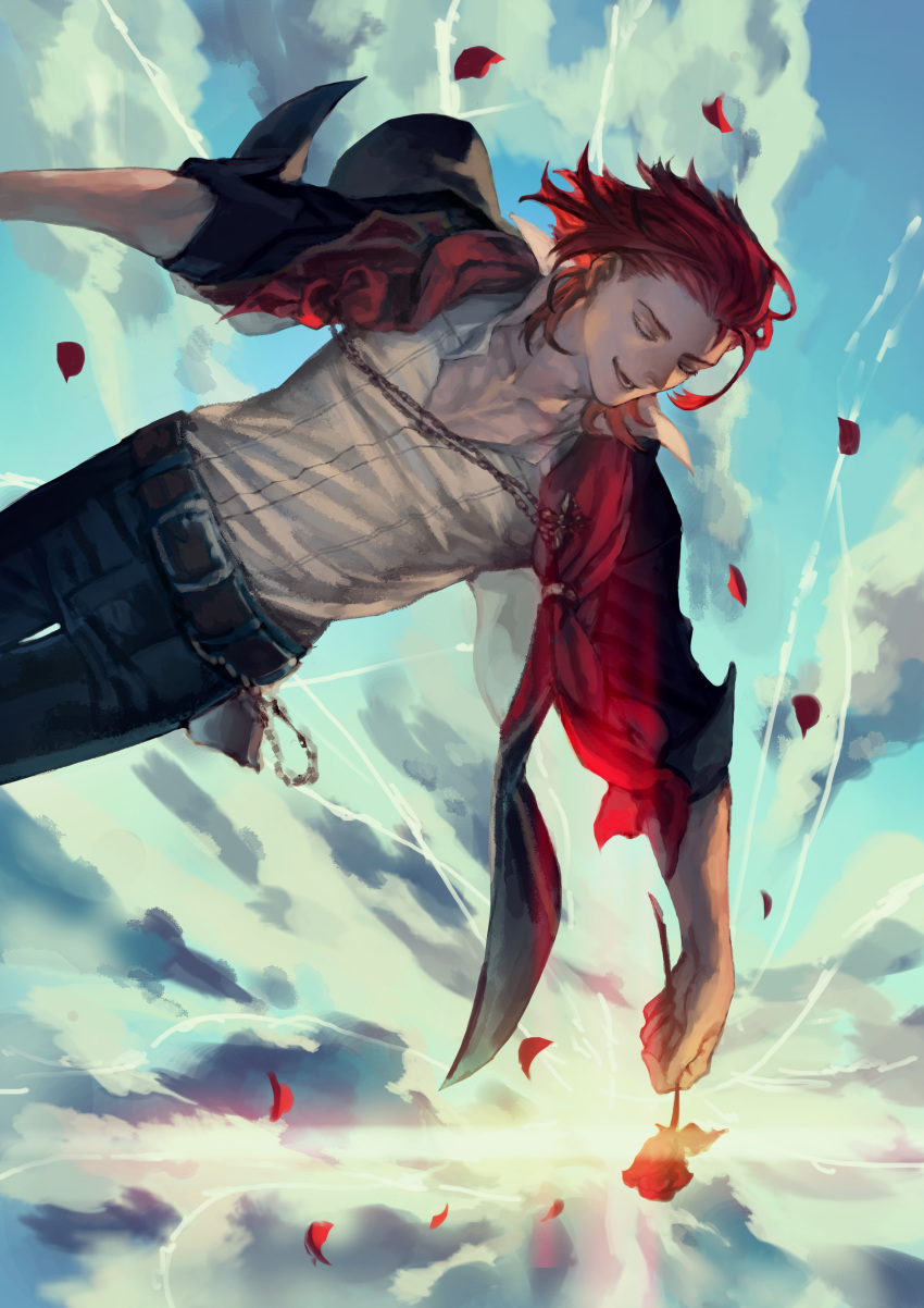1boy absurdres belt black_pants closed_eyes clouds flower granblue_fantasy highres holding holding_flower jacket male_focus open_mouth pants percival_(granblue_fantasy) petals red_flower red_rose redhead rose sarry23 shirt sky solo sunlight white_shirt