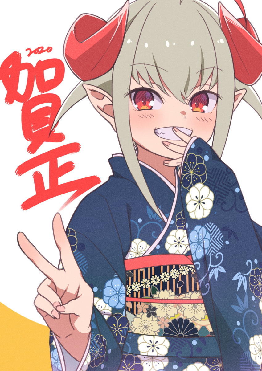 1girl 2020 blush commentary curled_horns demon_girl eyebrows_visible_through_hair floral_print grey_hair grin hand_to_own_mouth highres japanese_clothes kimono looking_at_viewer makaino_ririmu medium_hair new_year nijisanji obi pointy_ears print_kimono red_eyes sabamen sash sleeves_past_wrists smile solo teeth two-tone_background upper_body v virtual_youtuber wide_sleeves