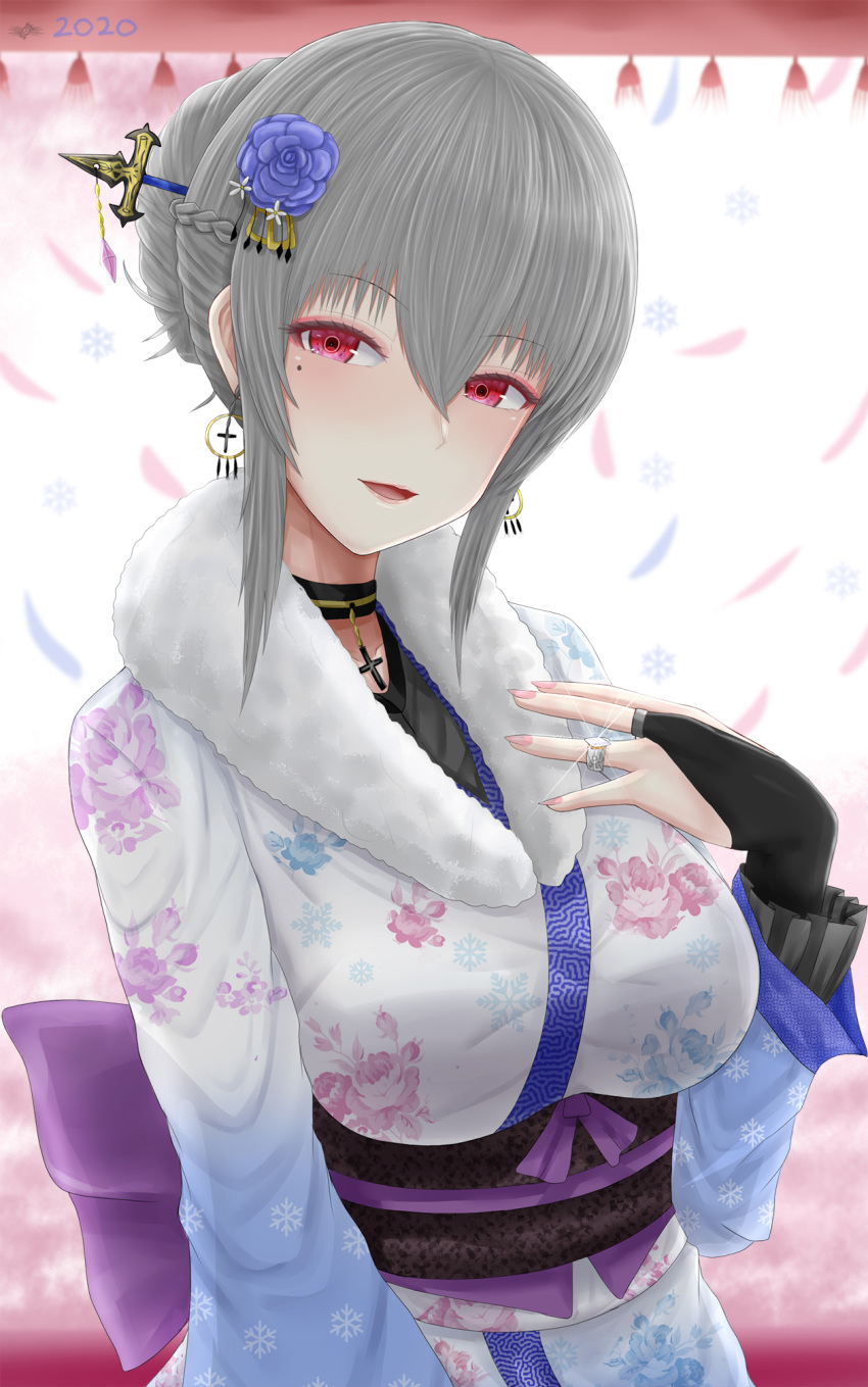 1girl archstreal azur_lane bow breasts choker cross cross_necklace earrings grey_hair hair_bow hair_ornament hand_on_own_chest happy_new_year highres japanese_clothes jewelry kimono long_hair looking_at_viewer mole mole_under_eye necklace new_year open_mouth red_eyes ring saint-louis_(azur_lane) simple_background smile solo wedding_ring
