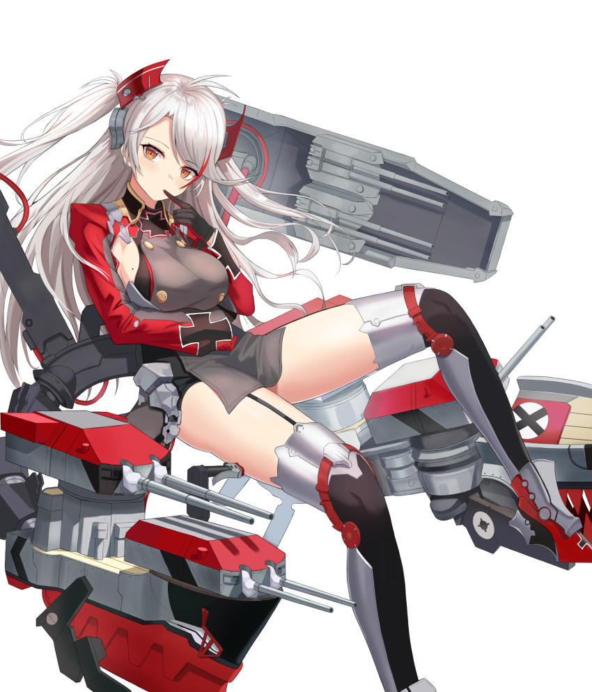 1girl absurdres antenna_hair azur_lane bangs blush breasts doggo34476335 dress eyebrows_visible_through_hair highres iron_cross large_breasts long_hair looking_at_viewer machinery military military_uniform multicolored_hair prinz_eugen_(azur_lane) redhead silver_hair simple_background solo streaked_hair turret two_side_up uniform very_long_hair white_background