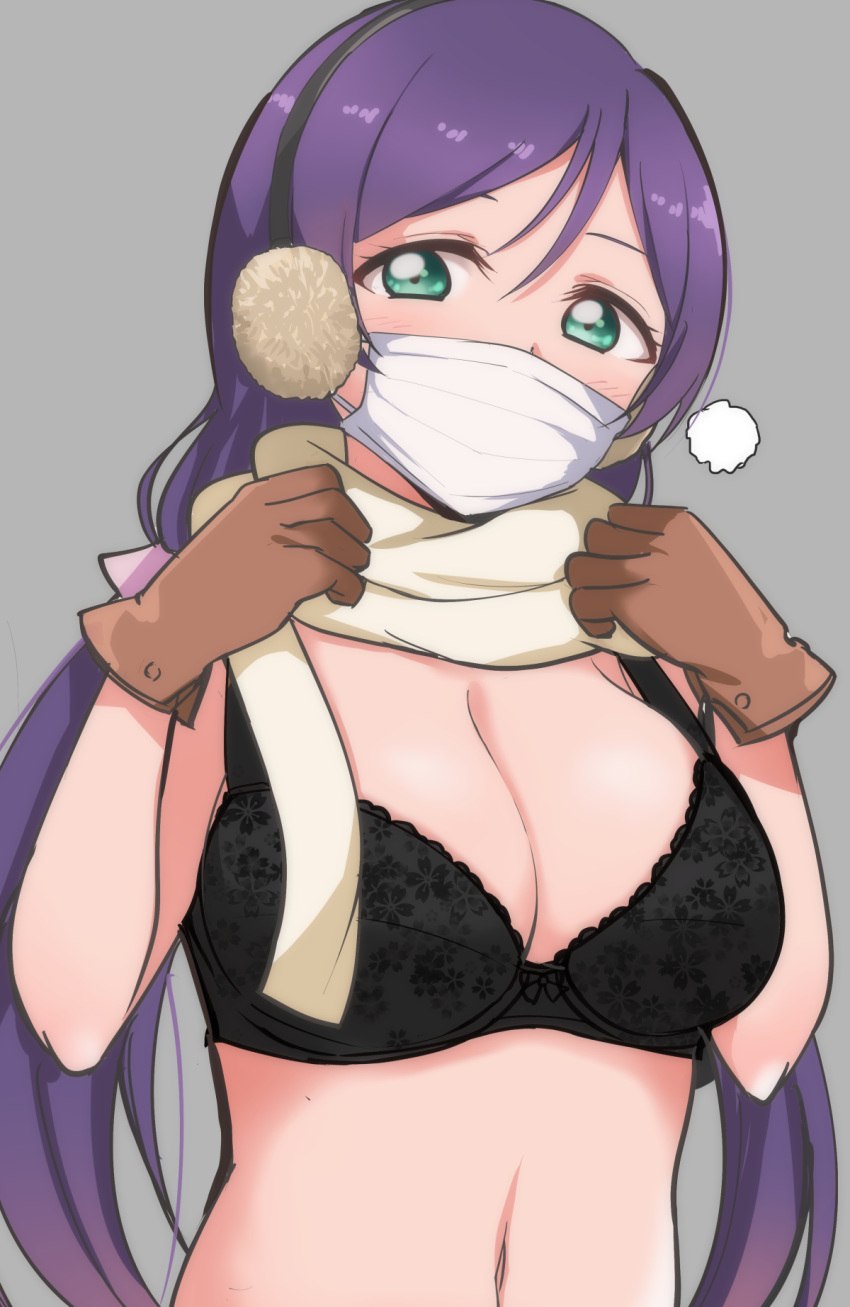 1girl black_bra blush bra breasts brown_gloves commentary_request earmuffs gloves green_eyes grey_background highres large_breasts long_hair looking_at_viewer love_live! love_live!_school_idol_project low_twintails mask mouth_mask navel purple_hair scarf simple_background solo surgical_mask toujou_nozomi twintails underwear wewe yellow_scarf