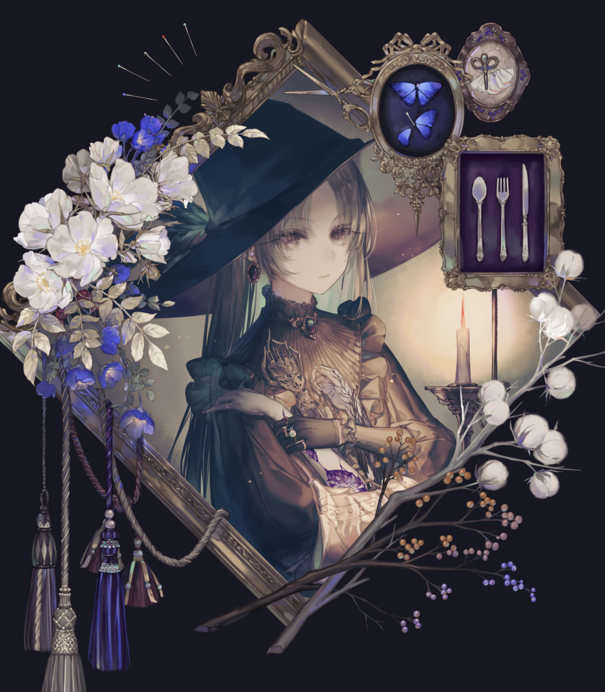 1girl absurdres black_gloves black_hair brooch bug butterfly candle candlelight earrings flower fork frame gloves hat highres holding insect jewelry knife long_hair original picture_frame ring scissors solo spoon tassel twintails witch_hat yoggi_(stretchmen)