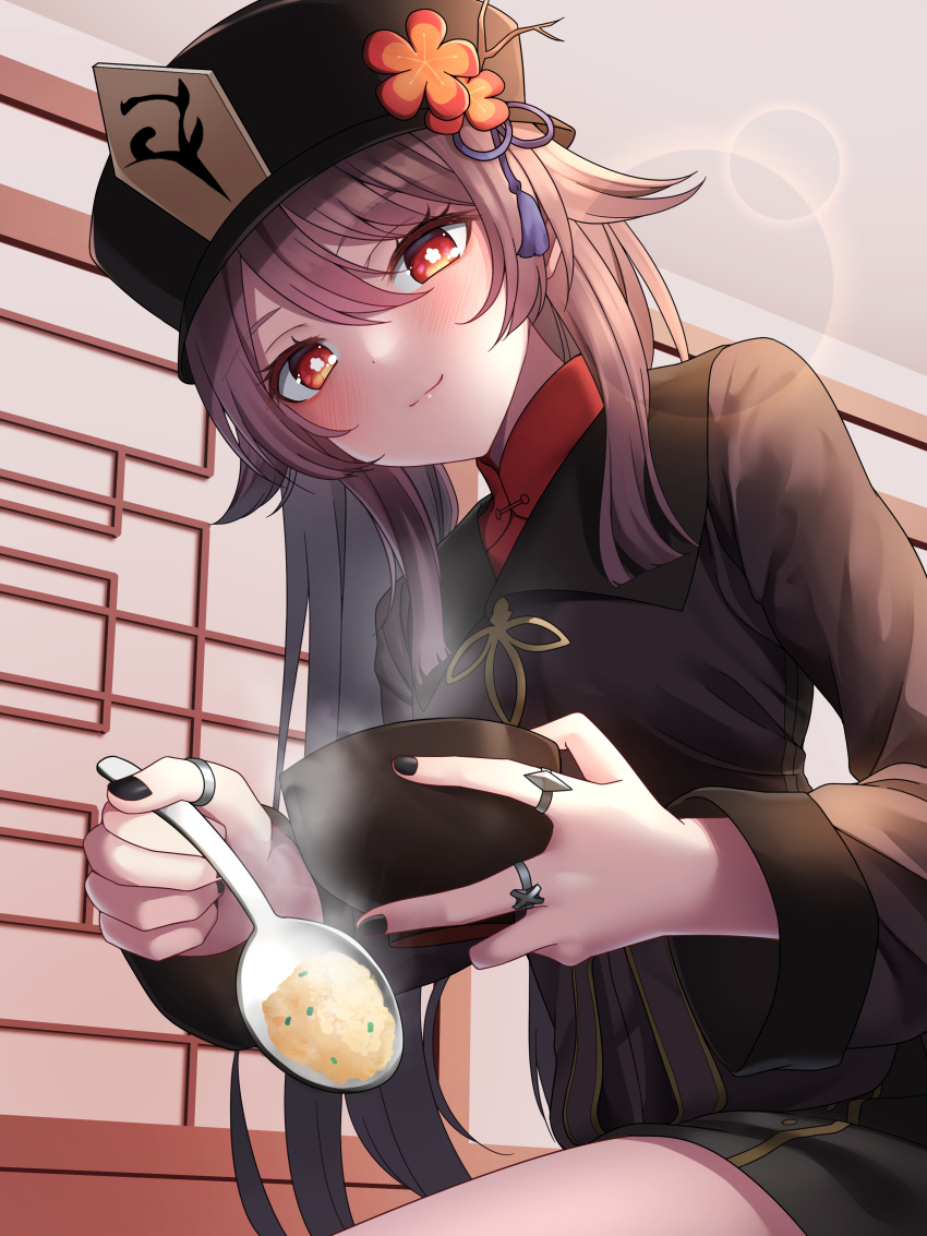1girl absurdres black_headwear black_nails bowl brown_hair closed_mouth flower flower-shaped_pupils food genshin_impact hair_between_eyes hat highres holding holding_bowl holding_spoon hu_tao_(genshin_impact) jewelry long_hair long_sleeves looking_at_viewer menbou_(menbow3v) nail_polish plum_blossoms red_eyes ring smile solo spoon symbol-shaped_pupils