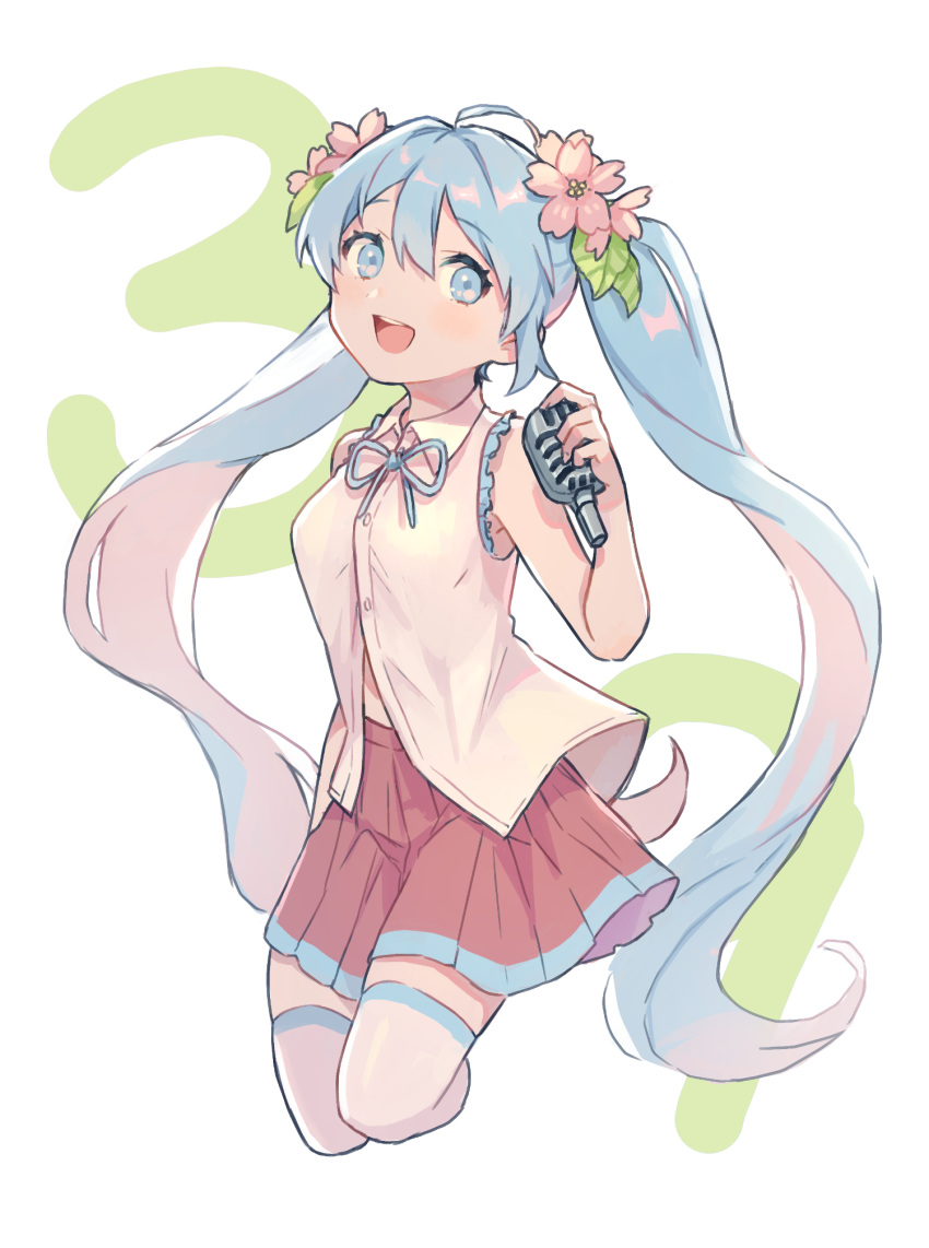 1girl :d ahoge bangs bare_arms bare_shoulders blue_eyes blue_hair blue_ribbon blush breasts collared_shirt eyebrows_visible_through_hair flower hair_between_eyes hair_flower hair_ornament hand_up hatsune_miku highres holding holding_microphone long_hair looking_at_viewer microphone neck_ribbon open_mouth pink_flower pleated_skirt red_skirt ribbon saino shirt skirt sleeveless sleeveless_shirt small_breasts smile solo thigh-highs twintails upper_teeth very_long_hair vocaloid white_background white_legwear white_shirt