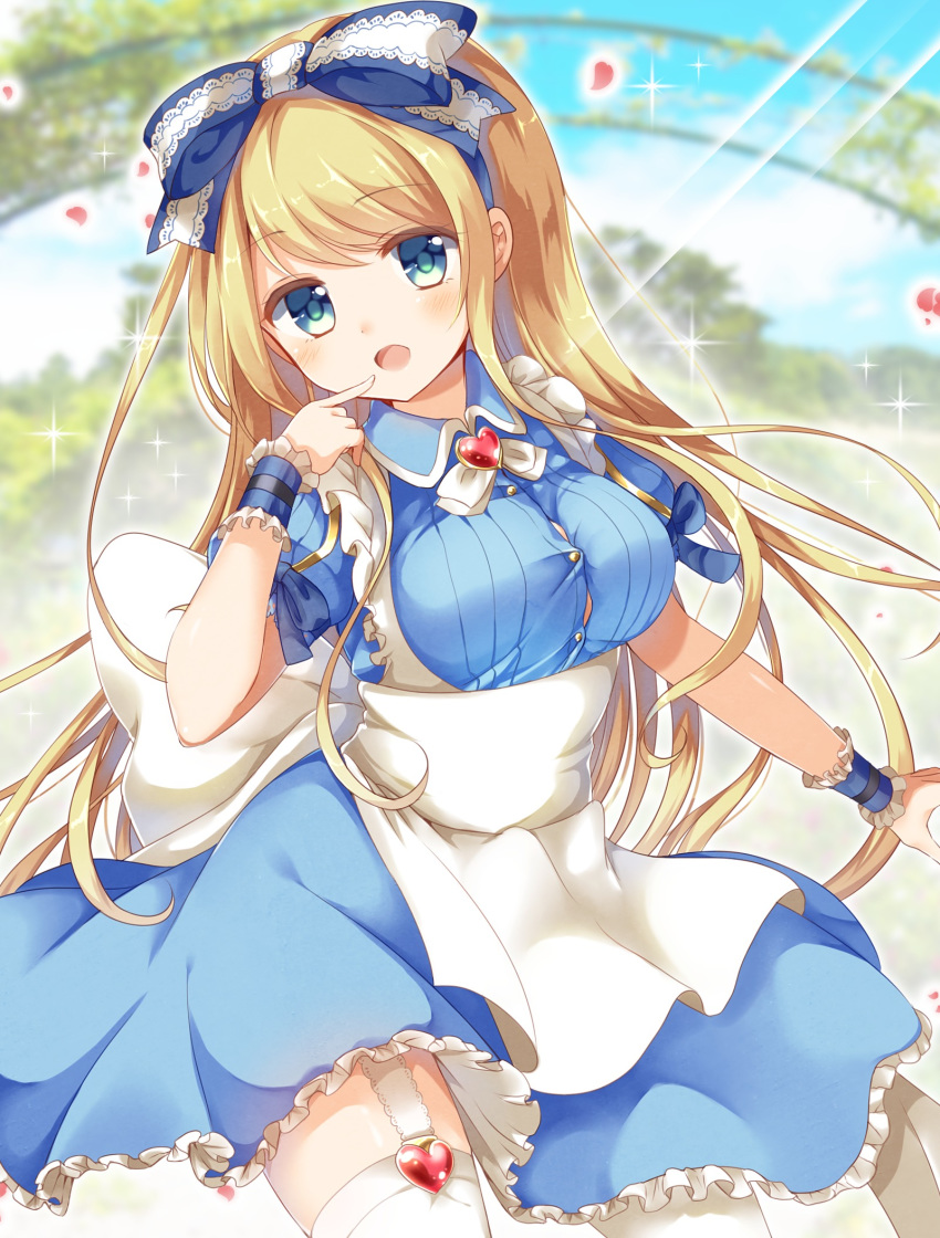 1girl :d apron aqua_eyes back_bow blonde_hair blue_dress blurry blurry_background blush bow breasts brooch button_gap cowboy_shot day dress emori_miku_project emu_alice eyebrows_visible_through_hair finger_to_mouth garter_straps gomano_rio hair_bow hairband heart highres jewelry light_rays long_hair looking_at_viewer medium_breasts open_mouth outdoors petals puffy_sleeves smile solo sparkle tagme thigh-highs white_legwear wrist_cuffs