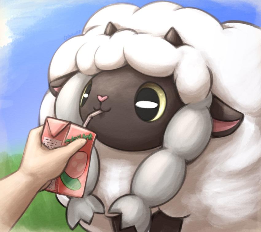 black_eyes blue_sky closed_mouth commentary creature day drinking drinking_straw english_commentary food fruit gen_8_pokemon highres horns juice_box otakuap peach pecha_berry pokemon pokemon_(creature) sheep sky wooloo