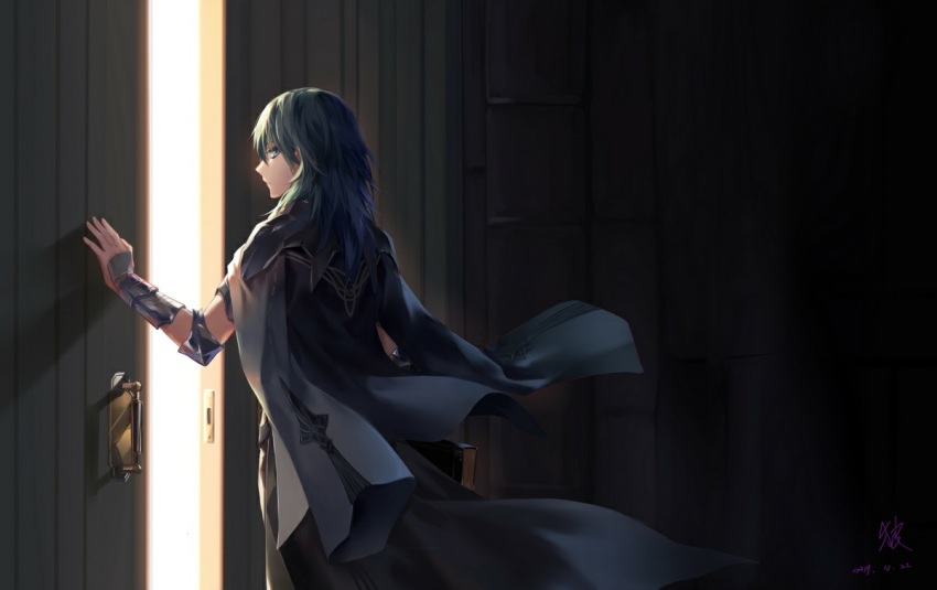 1girl back blue_eyes blue_hair book byleth_(fire_emblem) byleth_eisner_(female) cloak dated day door fire_emblem fire_emblem:_three_houses from_behind indoors langlang looking_at_viewer looking_back medium_hair opening_door signature solo vambraces