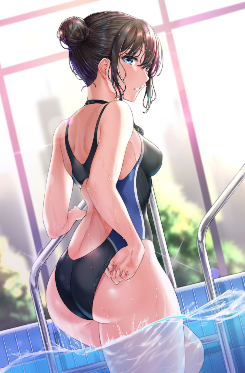 1girl absurdres adjusting_clothes adjusting_swimsuit ass bangs bare_arms bare_shoulders black_hair black_swimsuit blue_eyes blush breasts competition_swimsuit cowboy_shot from_behind goggles goggles_around_neck hair_between_eyes hair_bun highres indoors lens_flare looking_at_viewer looking_back medium_breasts one-piece_swimsuit original parted_lips partially_submerged pool pool_ladder rama_(yu-light8) short_hair sideboob sidelocks skindentation solo sparkle swimsuit thighs water water_drop wet wet_hair window