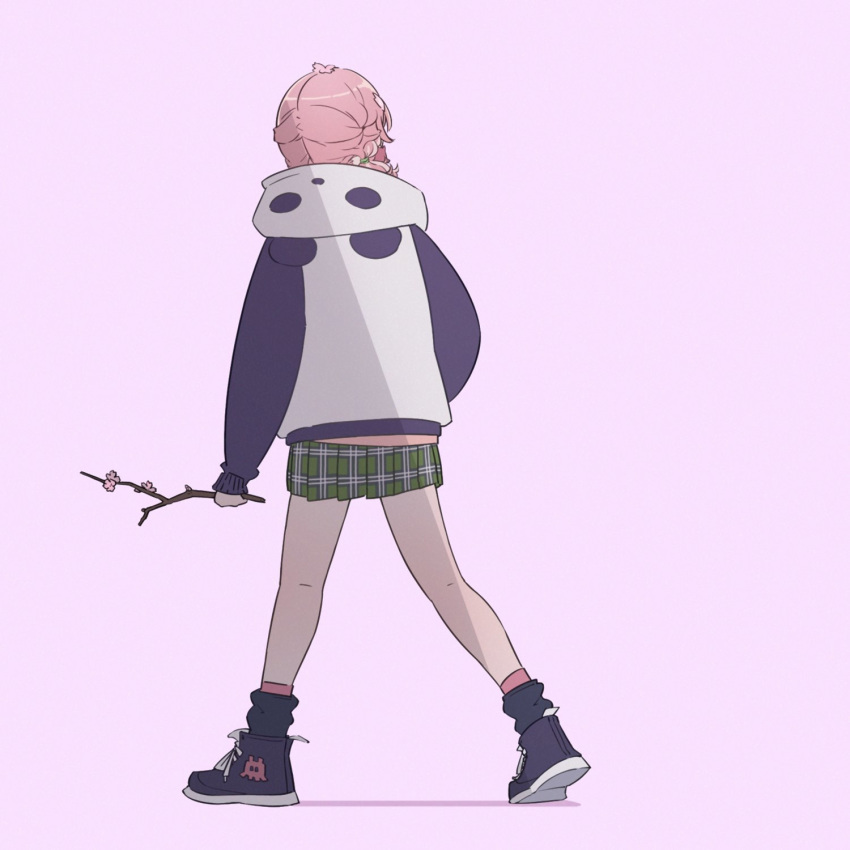 1girl animal_ears animal_hood black_legwear boots branch commentary_request facing_away fake_animal_ears flower flower_on_head full_body green_skirt highres holding_branch hood hood_down hooded_jacket jacket long_sleeves nijisanji panda_ears panda_hood pink_background pink_flower pink_hair pink_legwear plaid plaid_skirt pleated_skirt purple_footwear sasaki_saku shadow sirataki_umauma skirt sleeves_past_wrists socks solo virtual_youtuber white_jacket