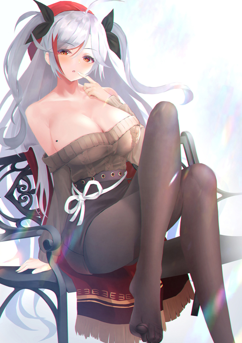 1girl antenna_hair azur_lane belfast_(azur_lane) belfast_(azur_lane)_(cosplay) belfast_(shopping_with_the_head_maid)_(azur_lane) black_legwear black_skirt breasts cosplay eyebrows_visible_through_hair hair_between_eyes highres large_breasts long_hair looking_at_viewer mole mole_on_breast multicolored_hair pantyhose prinz_eugen_(azur_lane) redhead silver_hair sitting skirt solo sweater two_side_up very_long_hair yk_(pixiv43531291)