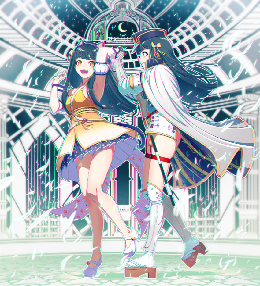 2girls :d animal_ears armband black_gloves black_hair bow breasts cape character_request copyright_request dancing dress fake_animal_ears feathers gloves hair_bow hat highres holding_hands indoors kyousin long_hair looking_at_another medium_breasts multiple_girls open_mouth platform_footwear sheath sheathed sleeveless sleeveless_dress smile standing sword thigh_strap virtual_youtuber weapon white_cape white_footwear white_legwear wristband yellow_bow yellow_dress yellow_eyes