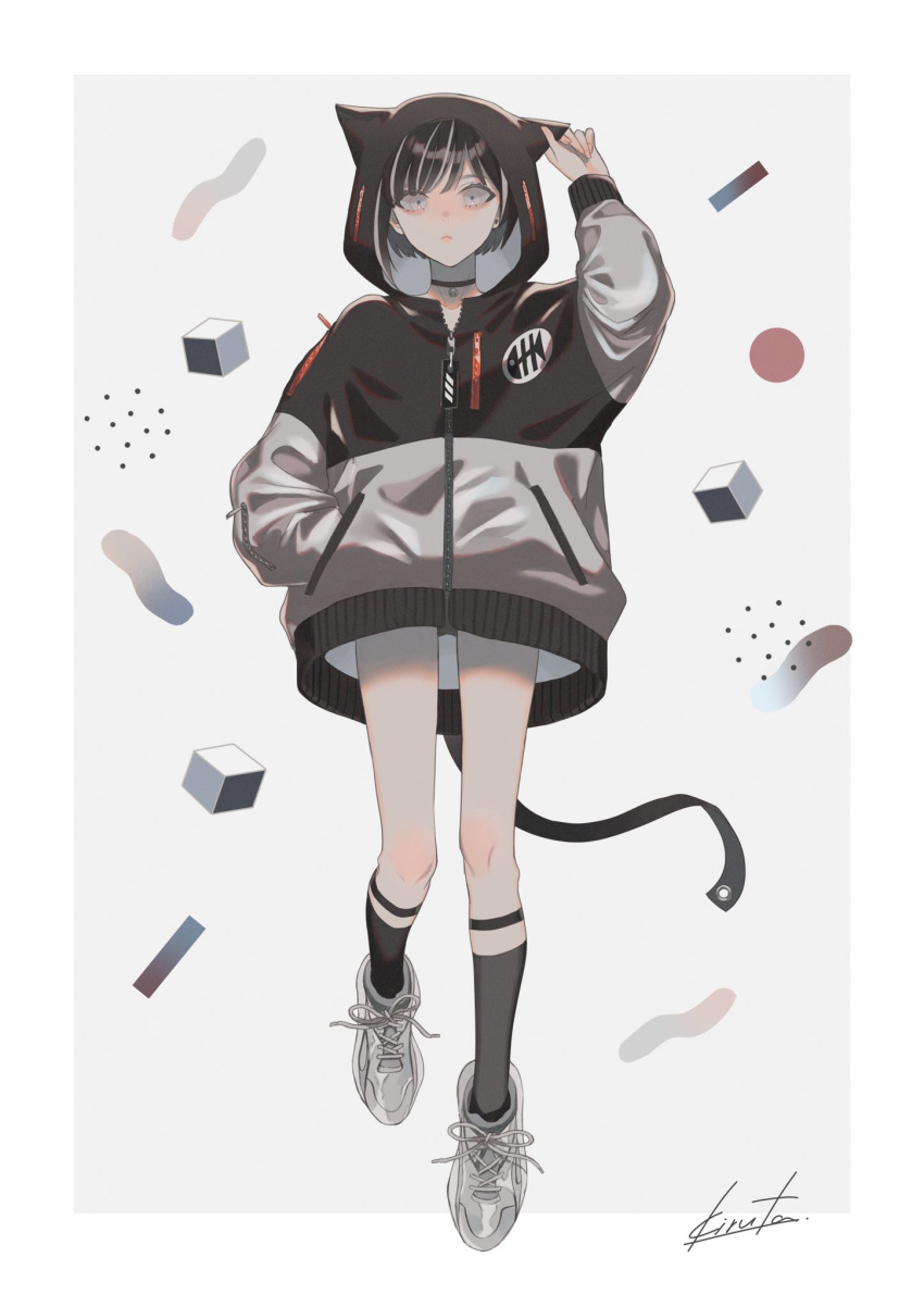 1girl animal_ears artist_name black_choker black_hair black_legwear blue_eyes choker earrings fake_animal_ears hand_in_pocket highres hood hood_up hooded_jacket jacket jewelry kirudai multicolored_hair original shoes short_hair sneakers solo strap streaked_hair stud_earrings white_footwear