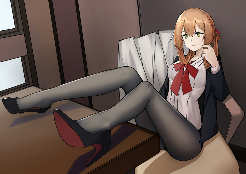 1girl absurdres black_footwear black_legwear blazer bow chair girls_frontline green_eyes hair_bow hand_in_hair high_heels highres jacket legs_up long_hair looking_at_viewer m1903_springfield_(girls_frontline) macayase necktie no_pants office office_chair office_lady orange_hair pantyhose shirt shoes simple_background sitting_on_chest solo white_shirt