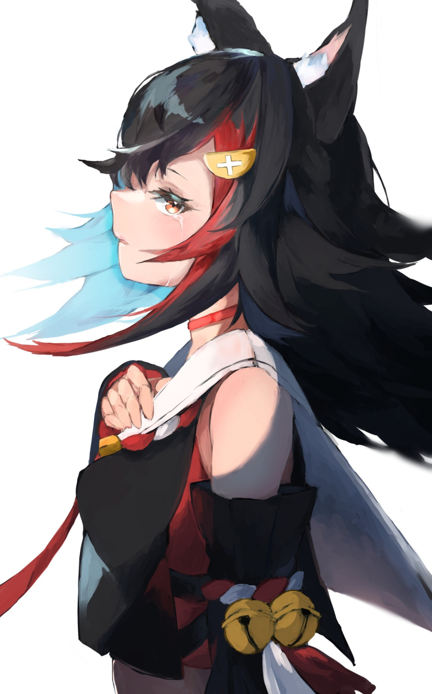 1girl absurdres animal_ear_fluff animal_ears bell black_hair choker crying detached_sleeves hair_ornament hand_on_own_chest highres hololive japanese_clothes kouhaku_nawa long_hair looking_at_viewer multicolored_hair ookami_mio orange_eyes parted_lips profile redhead simple_background solo tears two-tone_hair upper_body uzu48kairi virtual_youtuber white_background wolf_ears