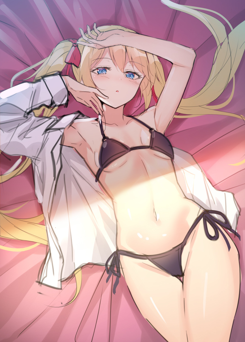 1girl alexmaster armpits arms_up bare_arms bare_shoulders bed_sheet bikini black_bikini blonde_hair blue_eyes bow breasts groin hair_bow halter_top halterneck highres long_hair long_sleeves looking_at_viewer lying navel on_back open_clothes open_shirt original parted_lips shirt side-tie_bikini sketch small_breasts solo stomach string_bikini swimsuit thighs twintails very_long_hair white_shirt work_in_progress