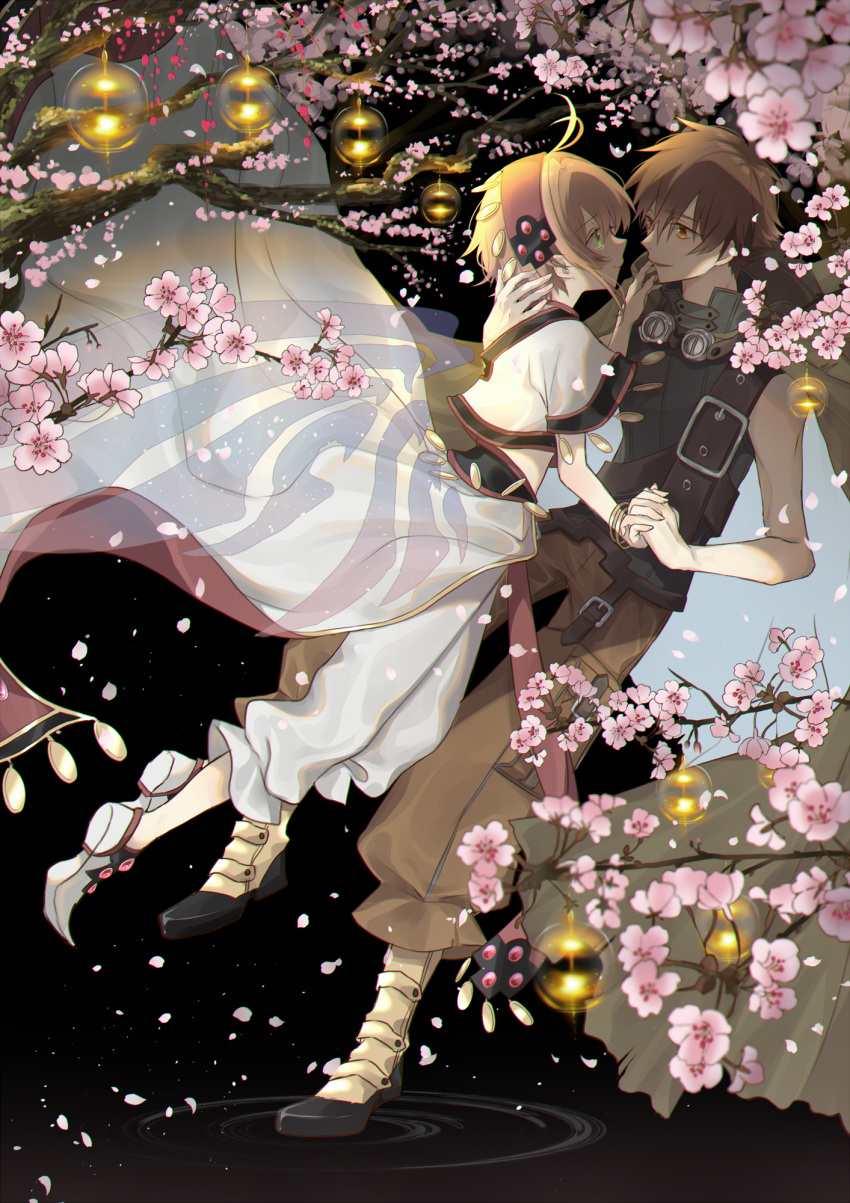 1boy 1girl ahoge bangs belt black_background boots bracelet brown_eyes brown_hair brown_pants cherry_blossoms closed_mouth collar crying crying_with_eyes_open eyewear_removed face-to-face flower full_body glowing green_eyes hand_on_another's_cheek hand_on_another's_face hand_on_another's_head hands_clasped headband highres holding_hand jewelry li_xiaolang looking_at_another midair own_hands_together pants parted_lips pink_flower purimo_(xxxmofmof) ripples sakura_hime shawl short_hair short_sleeves smile tears tsubasa_chronicle white_footwear white_pants wide_sleeves