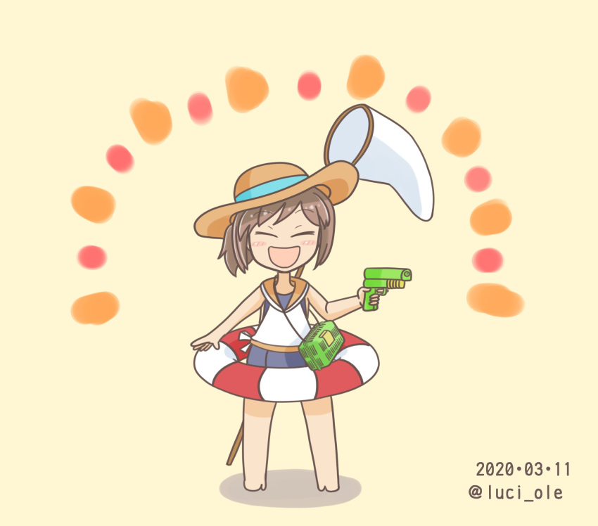 1girl beige_background box brown_hair butterfly_net commentary_request dated facing_viewer full_body hand_net hat highres i-401_(kantai_collection) innertube kantai_collection luci_ole open_mouth ponytail sailor_collar smile solo standing sun_hat swimsuit swimsuit_under_clothes twitter_username water_gun