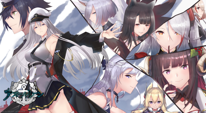 6+girls akagi_(azur_lane) animal_ears azur_lane bangs bare_shoulders belfast_(azur_lane) black_coat black_neckwear blonde_hair blue_eyes braid breasts brown_hair chain choker coat commander_(azur_lane) enterprise_(azur_lane) fox_ears fox_girl french_braid green_eyes hat horns japanese_clothes kaga_(azur_lane) kimono kitsune krdsan large_breasts long_hair looking_at_viewer looking_to_the_side military_hat multicolored_hair multiple_girls open_clothes open_coat peaked_cap pleated_skirt prinz_eugen_(azur_lane) roon_(azur_lane) shirt silver_hair skirt sleeveless sleeveless_shirt smile streaked_hair suruga_(azur_lane) swept_bangs thighs two_side_up violet_eyes warspite_(azur_lane) white_headwear white_kimono