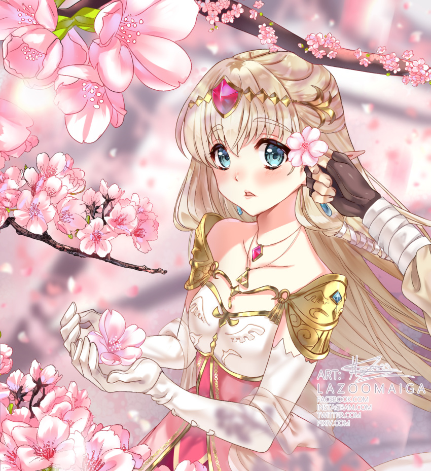 1girl artist_name bangs bare_shoulders black_gloves blonde_hair breasts collarbone dress eyebrows_visible_through_hair fingerless_gloves flower gem gloves green_eyes highres holding holding_flower jewelry lazoomaiga long_hair looking_at_viewer medium_breasts necklace nintendo open_mouth pink_flower pointy_ears princess_zelda signature solo_focus the_legend_of_zelda triforce watermark web_address