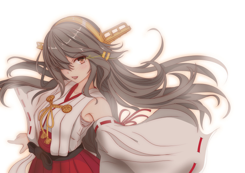 1girl absurdres bare_shoulders brown_eyes detached_sleeves grey_hair hair_ornament hair_over_one_eye hairband hairclip haruna_(kantai_collection) headgear highres kantai_collection long_hair looking_at_viewer nontraditional_miko pleated_skirt red_skirt remodel_(kantai_collection) sakami_senka simple_background skirt solo white_background