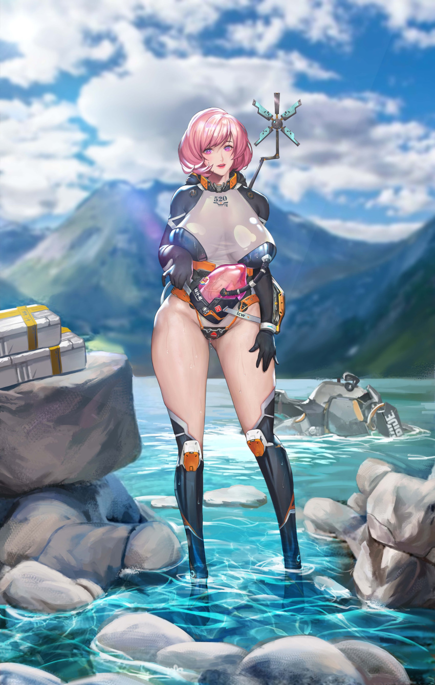 1girl absurdres antennae baby blue_sky box breasts clouds death_stranding highres jumpsuit lake large_breasts leotard mountain mountainous_horizon parted_lips partially_submerged pink_eyes pink_hair rock see-through short_hair sky thighs water weiyou_xie wet