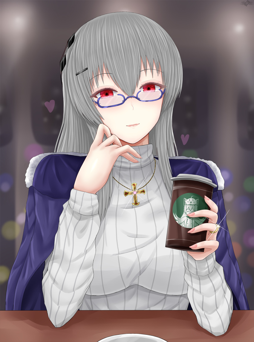 1girl archstreal azur_lane blue_jacket bow breasts cross glasses grey_hair hair_bow highres jacket jacket_on_shoulders jewelry long_hair looking_at_viewer necklace red_eyes ring saint-louis_(azur_lane) simple_background sitting solo starbucks_coffee sweater wedding_ring