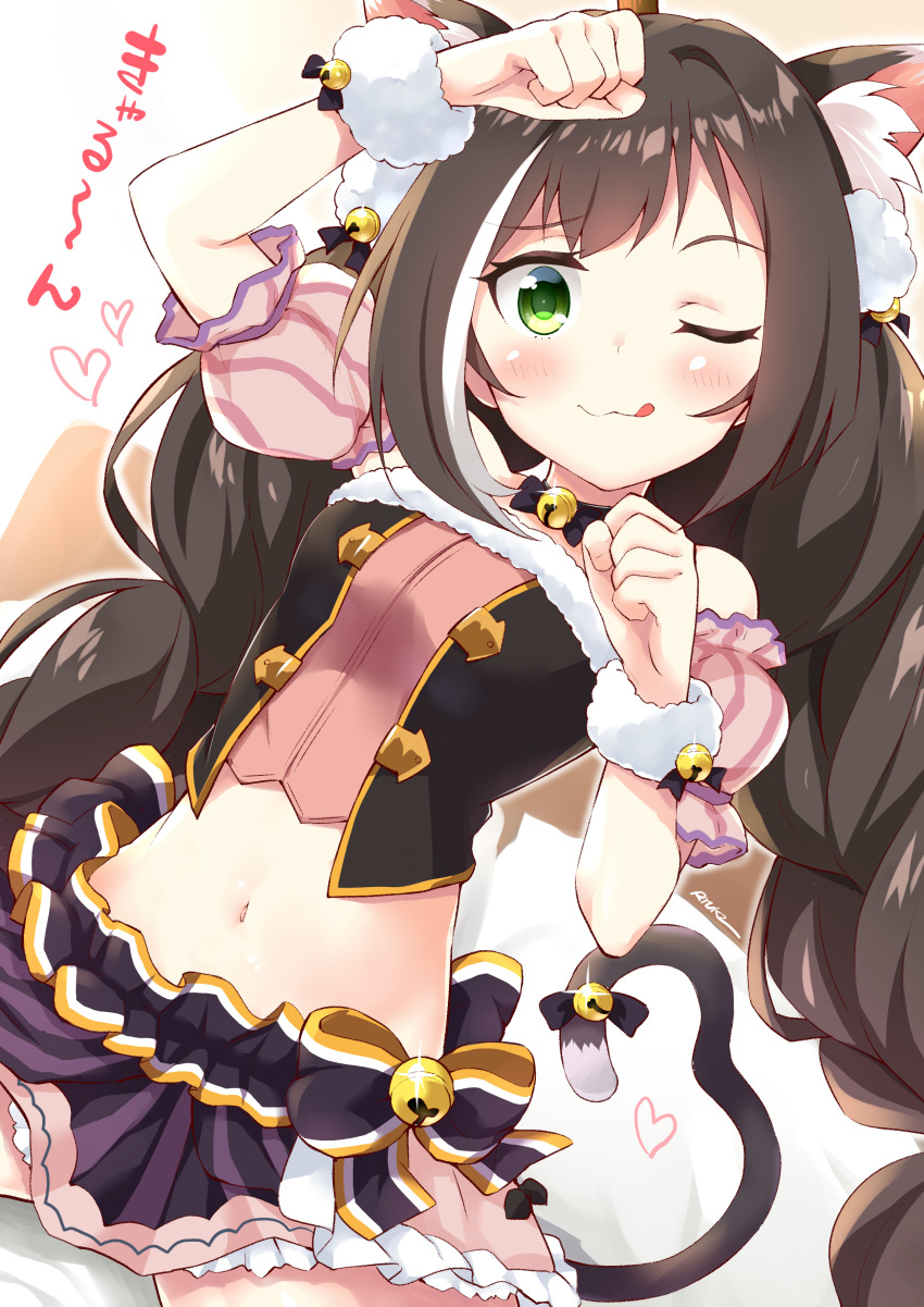 1girl ;3 ;q absurdres animal_ear_fluff animal_ears arm_up bangs bare_shoulders bell black_bow black_hair black_skirt blush bow breasts cat_ears cat_girl cat_tail commentary_request crop_top detached_sleeves eyebrows_visible_through_hair heart highres jingle_bell kyaru_(princess_connect) long_hair looking_at_viewer midriff multicolored_hair navel one_eye_closed pink_sleeves pleated_skirt princess_connect! princess_connect!_re:dive puffy_short_sleeves puffy_sleeves ryuki_(ryukisukune) short_sleeves signature skirt small_breasts solo strapless streaked_hair tail tail_bell tail_bow tongue tongue_out very_long_hair white_hair