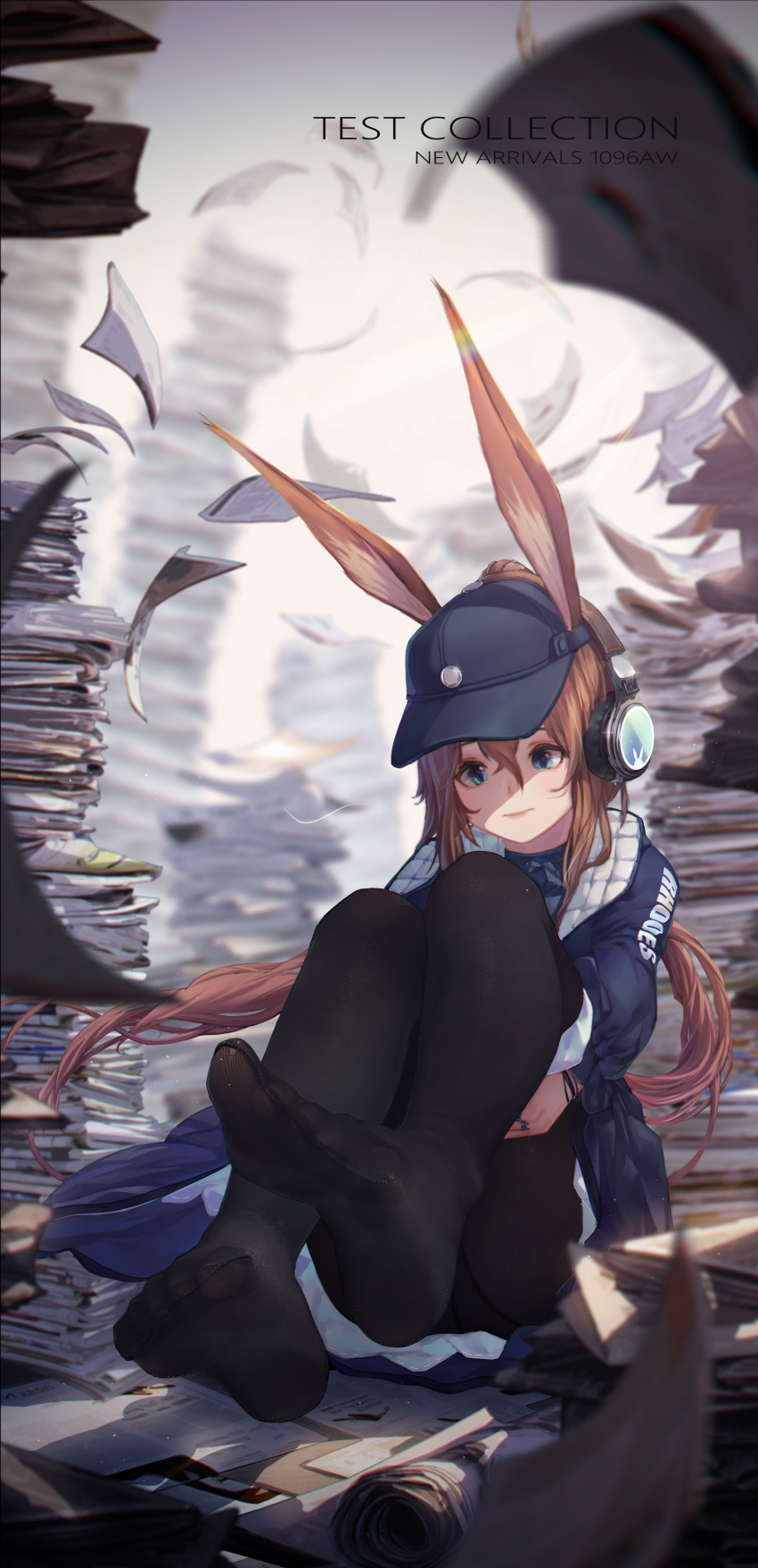 1girl absurdres amiya_(arknights) animal_ears arknights bangs baseball_cap black_legwear blue_eyes blue_jacket brown_hair commentary_request hair_between_eyes hat headphones highres ice_(dzs1392584271) jacket knees_up long_hair long_sleeves newspaper no_shoes pantyhose rabbit_ears sitting smile solo