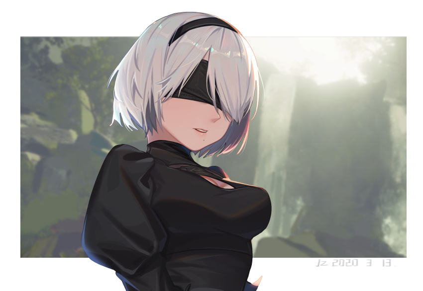 1girl absurdres back_cutout black_blindfold black_dress black_hairband blindfold blurry blurry_background border cleavage_cutout covered_eyes dress forest hairband highres juliet_sleeves long_sleeves mole mole_under_mouth nature nier_(series) nier_automata open_mouth puffy_sleeves silver_hair water waterfall white_border xtears_kitsune yorha_no._2_type_b