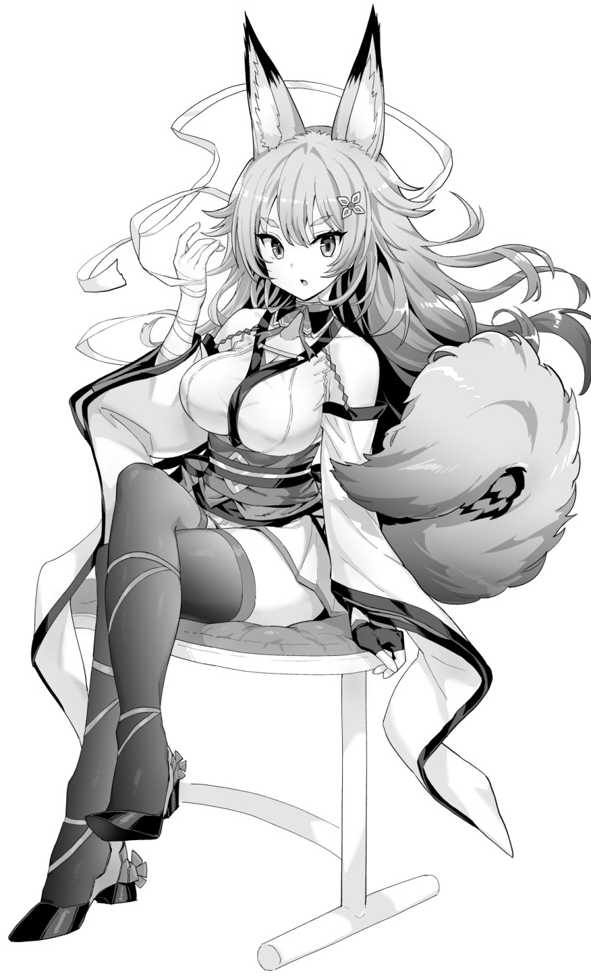 1girl animal_ears azur_lane bandages bare_shoulders breasts commentary_request crossed_legs detached_collar detached_sleeves fingerless_gloves fox_ears fox_girl fox_tail gloves greyscale hand_up highres hori_(hori_no_su) japanese_clothes large_breasts long_hair long_sleeves looking_at_viewer monochrome nontraditional_miko obi parted_lips sash sendai_(azur_lane) shide shoes sitting solo stool tail thick_eyebrows thigh-highs wide_sleeves zettai_ryouiki