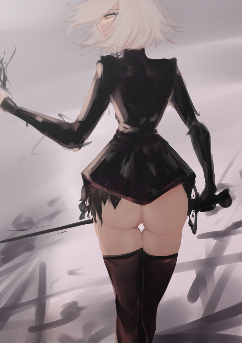 1girl absurdres ass bangs biriyb black_dress black_legwear commentary dress fate/grand_order fate_(series) highres holding holding_sword holding_weapon jeanne_d'arc_(alter)_(fate) jeanne_d'arc_(fate)_(all) no_panties short_hair silver_hair sketch sword thigh-highs thighs torn_clothes tsurime weapon yellow_eyes