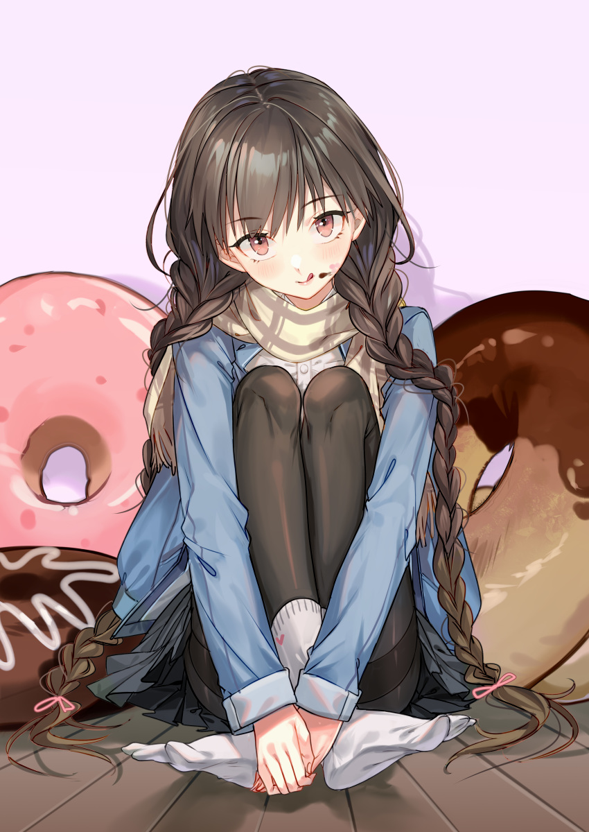 1girl absurdres al_mican black_hair black_legwear braid commentary_request doughnut food food_on_face highres knees_up long_hair looking_at_viewer original pantyhose scarf sitting socks tongue tongue_out twin_braids uniform