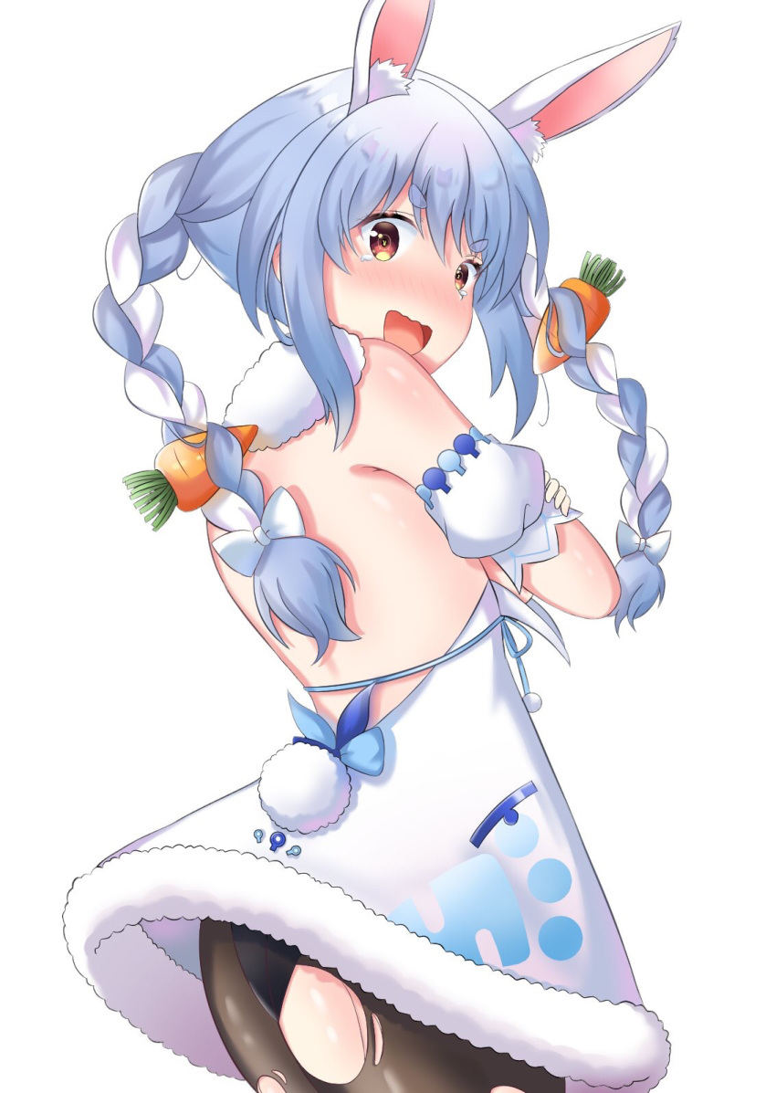1girl animal_ear_fluff animal_ears bare_back blue_hair braid bunny_girl bunny_tail carrot carrot_hair_ornament carrot_print crossed_arms extra_ears eyebrows eyebrows_visible_through_hair food_print food_themed_hair_ornament from_behind hair_ornament highres hikarin0502 hololive long_hair looking_at_viewer multicolored_hair open_mouth pantyhose rabbit_ears solo tail tears tongue torn_clothes torn_legwear twin_braids two-tone_hair usada_pekora virtual_youtuber white_background white_hair