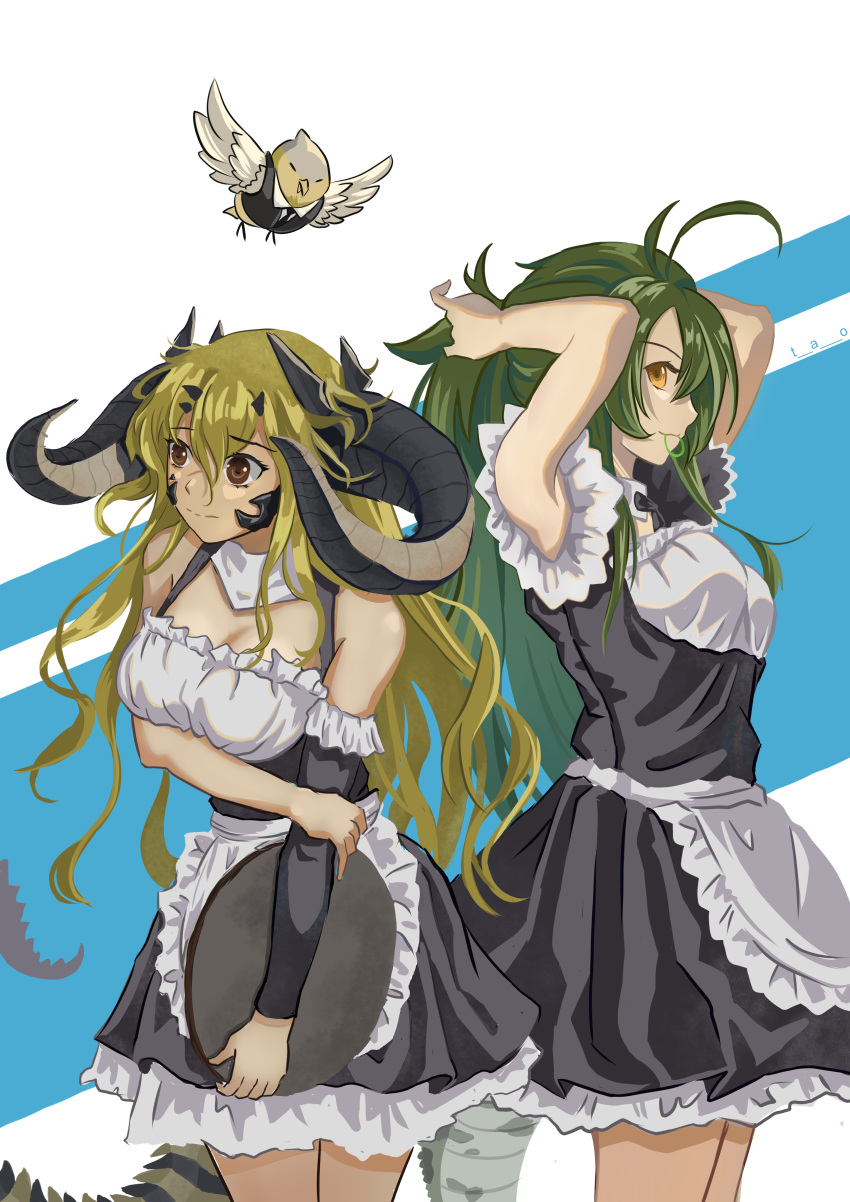 2girls absurdres apron arknights artist_request asymmetrical_sleeves bird brown_eyes crocodile_tail detached_sleeves estelle_(arknights) gavial_(arknights) green_hair highres horns maid maid_apron multiple_girls tail the_elder_scrolls tray tying_hair yellow_eyes