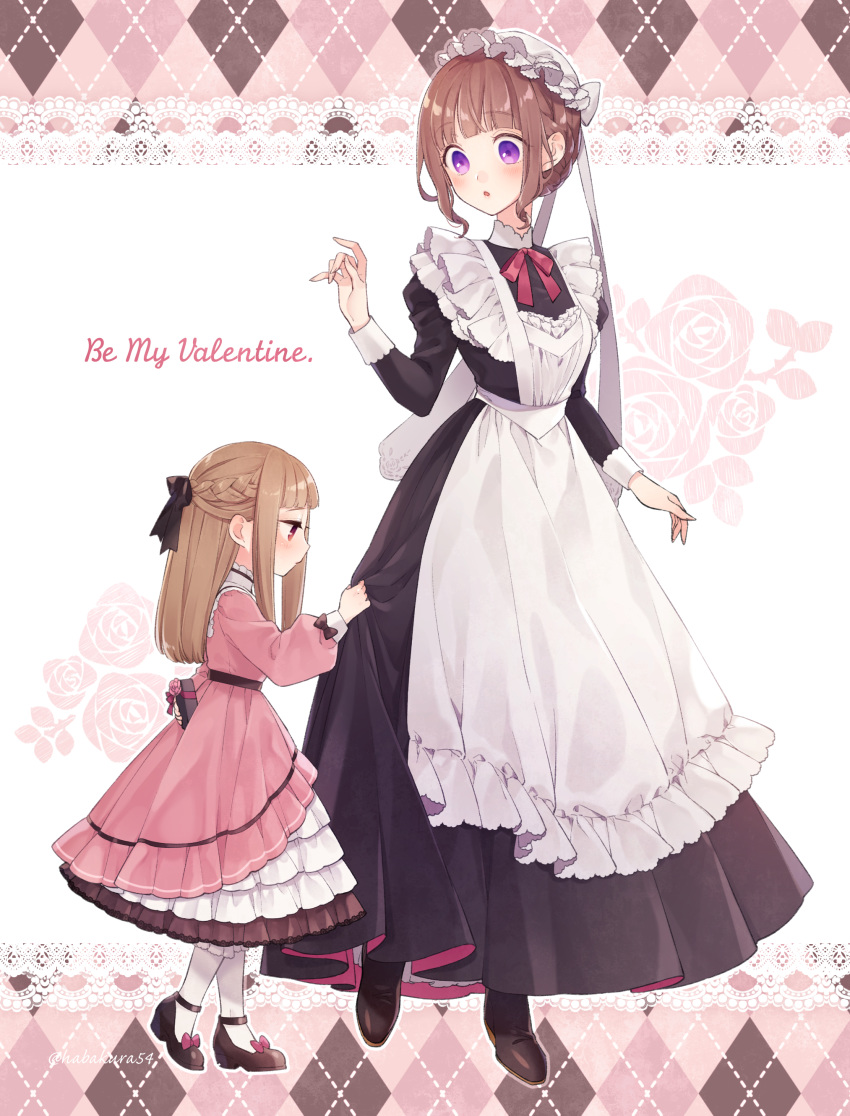 2girls absurdres age_difference apron blonde_hair bow braid brown_hair commentary dress dress_tug english_text french_braid frilled_dress frills full_body goshi-san hair_bow hat highres maid mob_cap multiple_girls original red_eyes simple_background valentine violet_eyes yuri