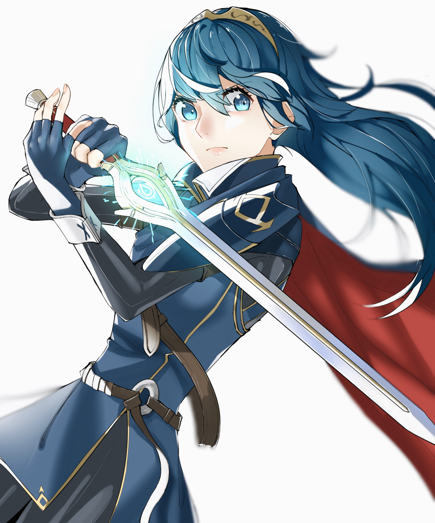 1girl absurdres belt blue_cape blue_eyes blue_gloves blue_hair blue_tunic blurry bodysuit_under_clothes breasts cape cowboy_shot depth_of_field eyelashes falchion_(fire_emblem) fingerless_gloves fire_emblem fire_emblem_awakening gloves glowing glowing_sword glowing_weapon hairband highres lips long_hair looking_at_viewer lucina lucina_(fire_emblem) simple_background small_breasts solo straight_hair sword symbol-shaped_pupils tpicm tunic weapon white_background wind