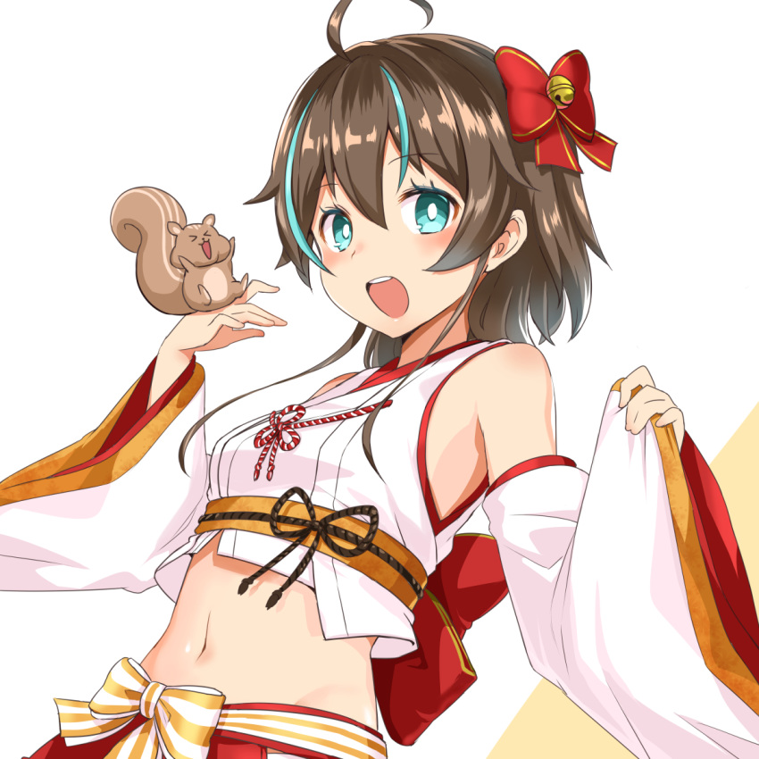 1girl :d ahoge animal bare_shoulders bell blue_eyes bow breasts brown_hair crop_top detached_sleeves hair_bow hands_up highres hololive japanese_clothes jingle_bell long_sleeves looking_at_viewer medium_hair midriff multicolored_hair natsuiro_matsuri navel nontraditional_miko open_mouth shirt simple_background small_breasts smile solo squirrel stomach streaked_hair striped striped_bow upper_body virtual_youtuber white_background white_shirt wide_sleeves zaxwu
